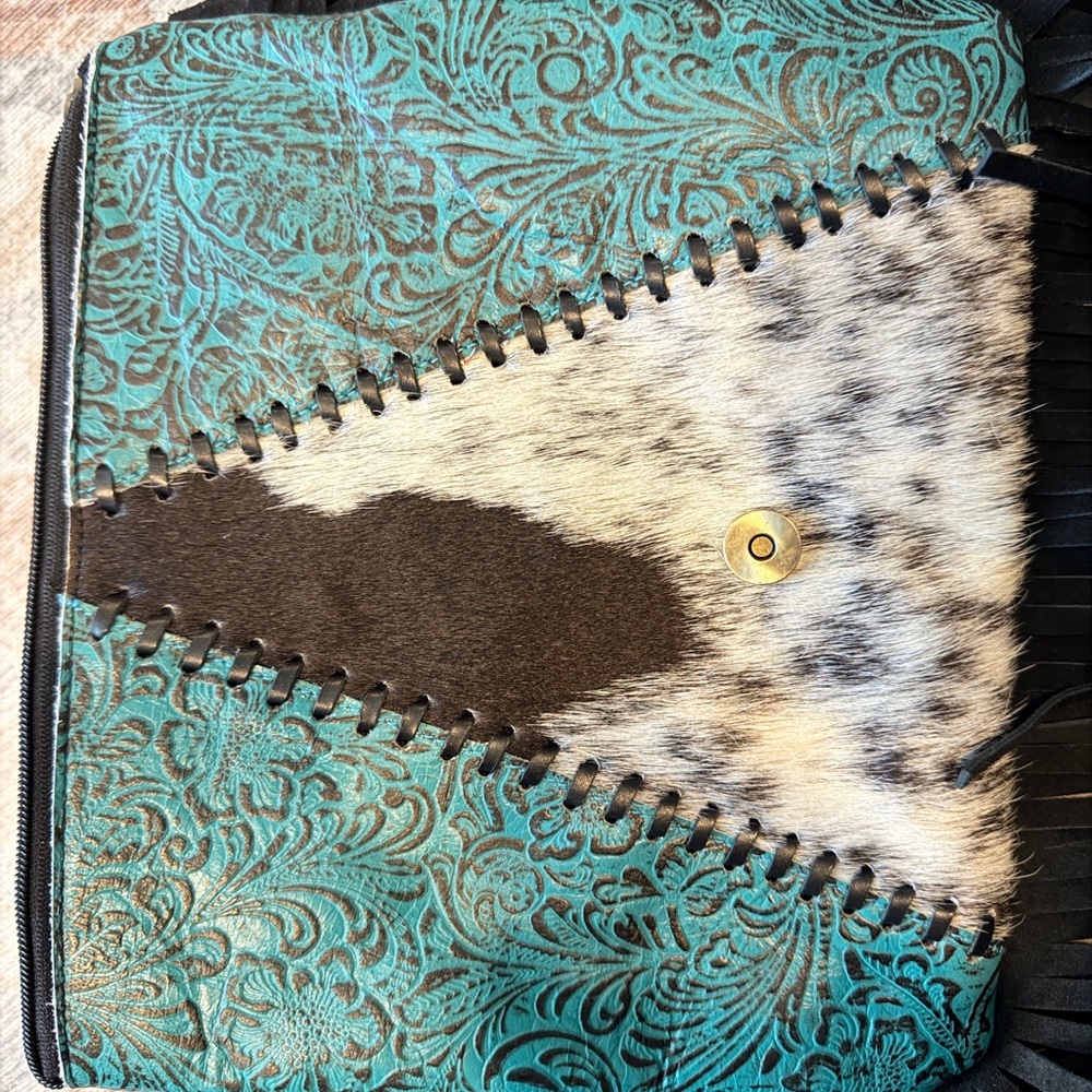Turquoise Accent Cowhide Tooled Fringe Crossbody Bag - Picture 7 of 9